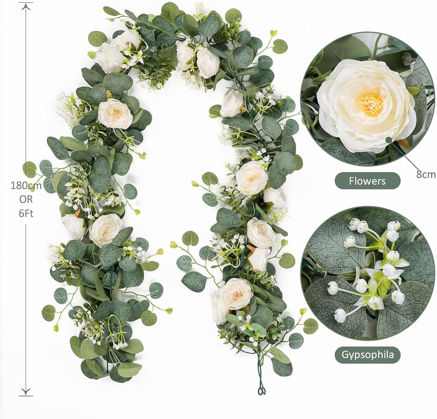 5pcs Artificial Eucalyptus Flower Garland with White Roses, Fake Rose Flower Greenery Garland Floral Vines for Wedding Home Party Table Runner Decor