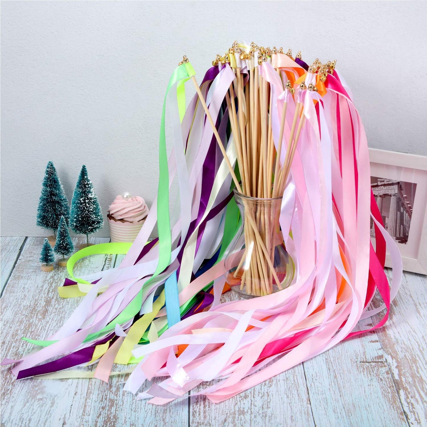 Wedding Wands with Two Satin Ribbon and One Lace Ribbon, Handmade Party Wand Streamers