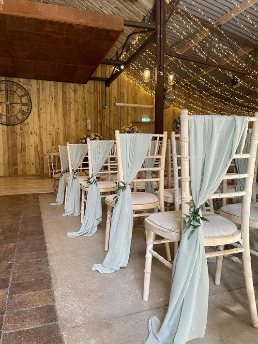 10PCS Gray Chiffon Chair Sashes for Wedding Aisle Decorations with Ribbon and Artificial Willow Leaves