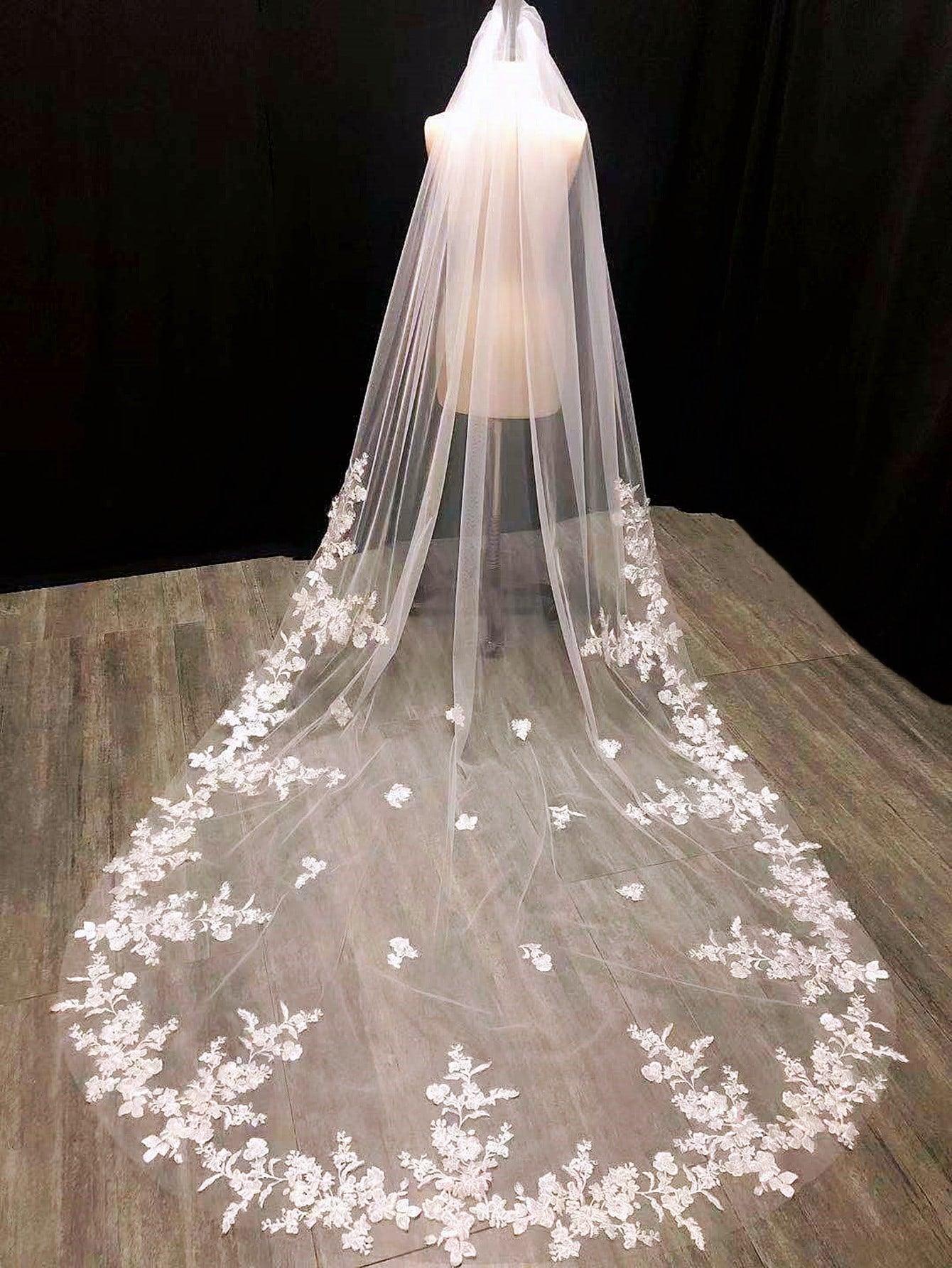 Flower Embroidered Extra Long Bridal Veil - If you say i do