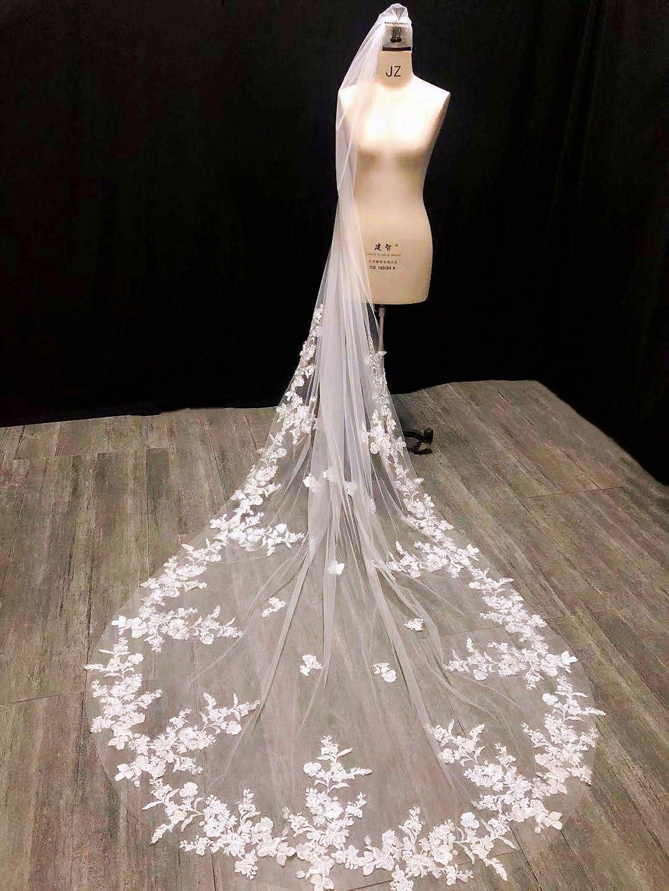 Flower Embroidered Extra Long Bridal Veil - If you say i do