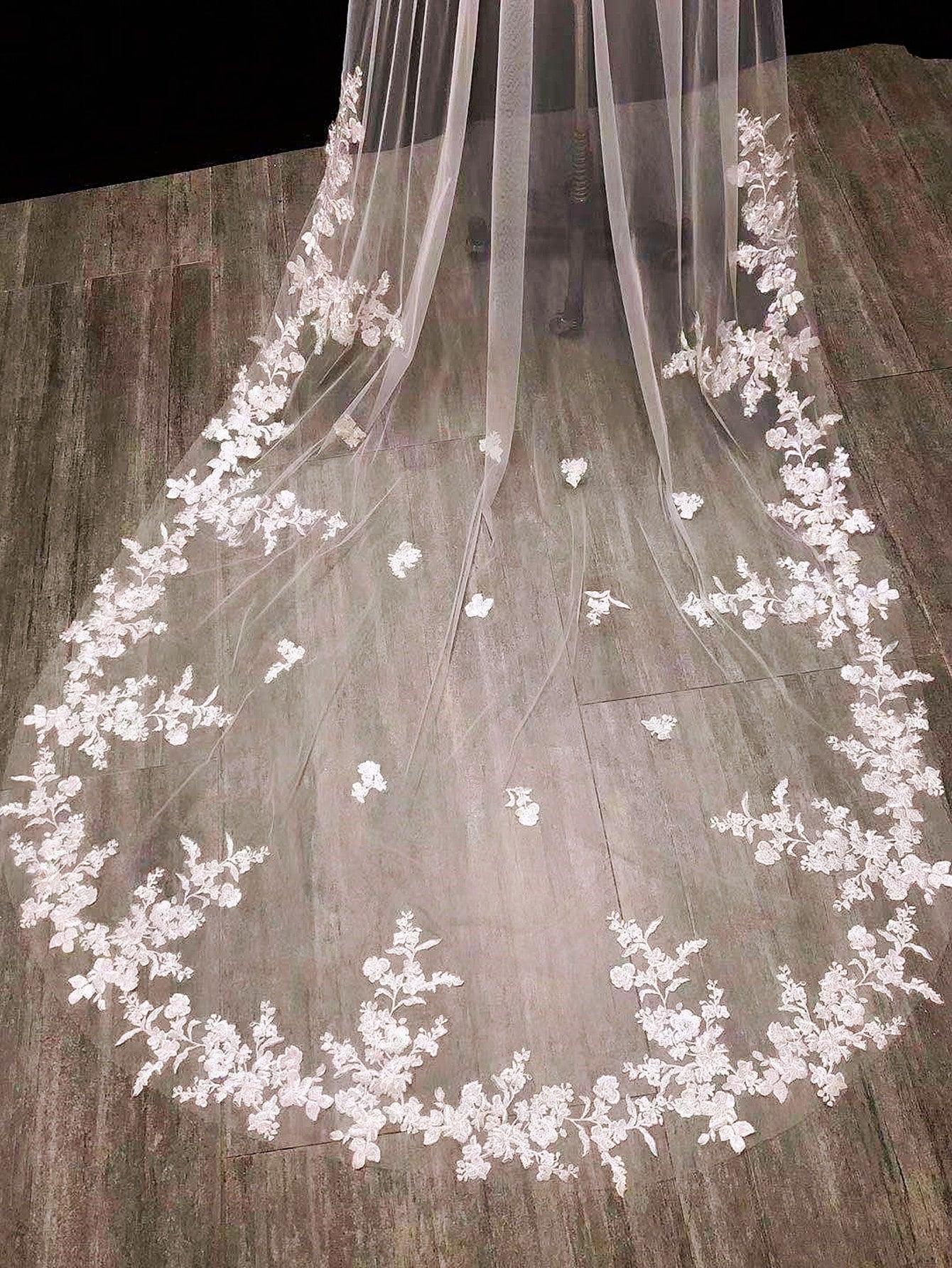 Flower Embroidered Extra Long Bridal Veil - If you say i do