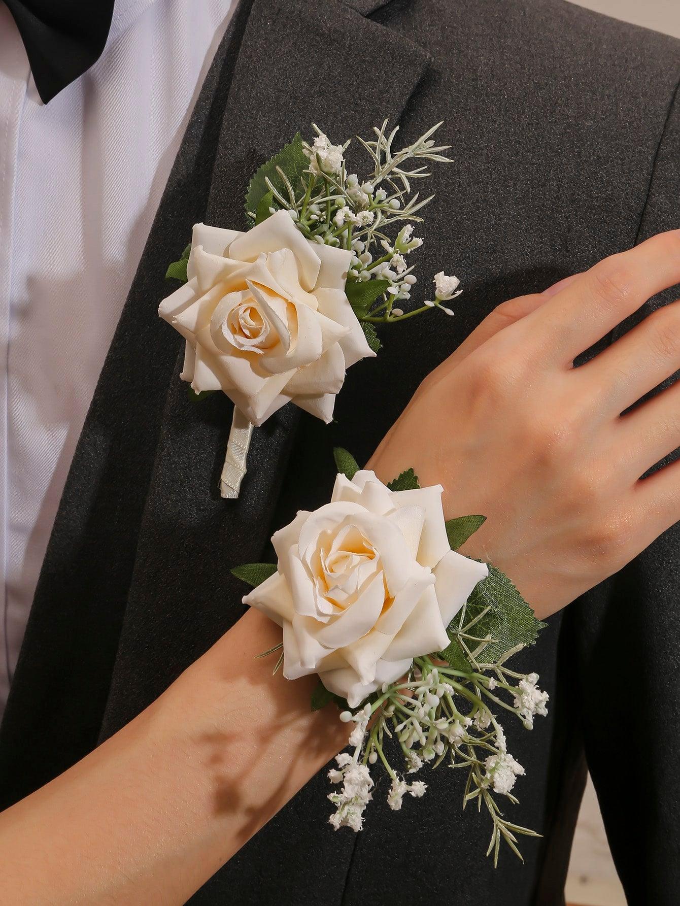 2pcs Flower Decor Boutonniere & Wrist Corsage - If you say i do