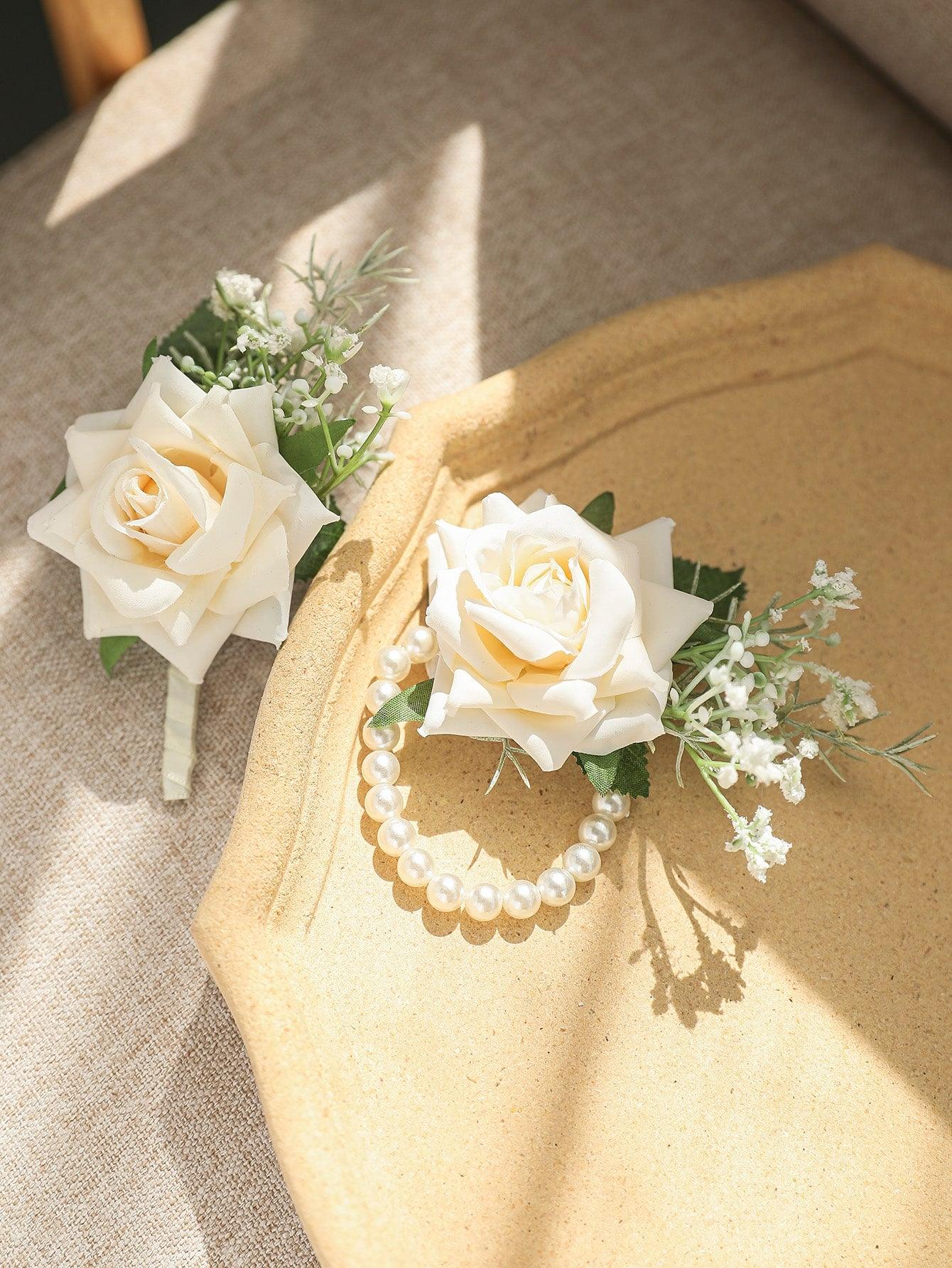 2pcs Flower Decor Boutonniere & Wrist Corsage - If you say i do