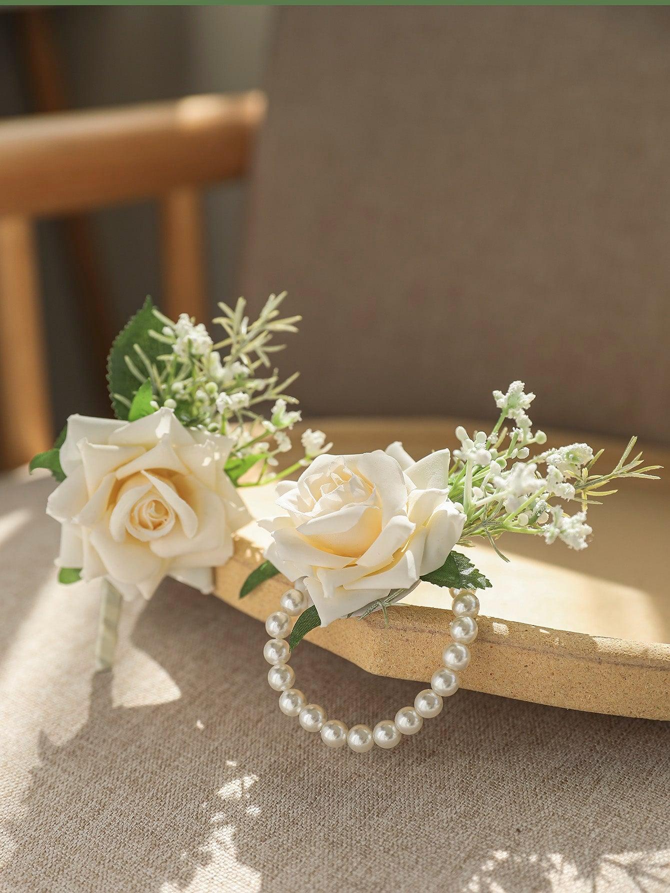 2pcs Flower Decor Boutonniere & Wrist Corsage - If you say i do