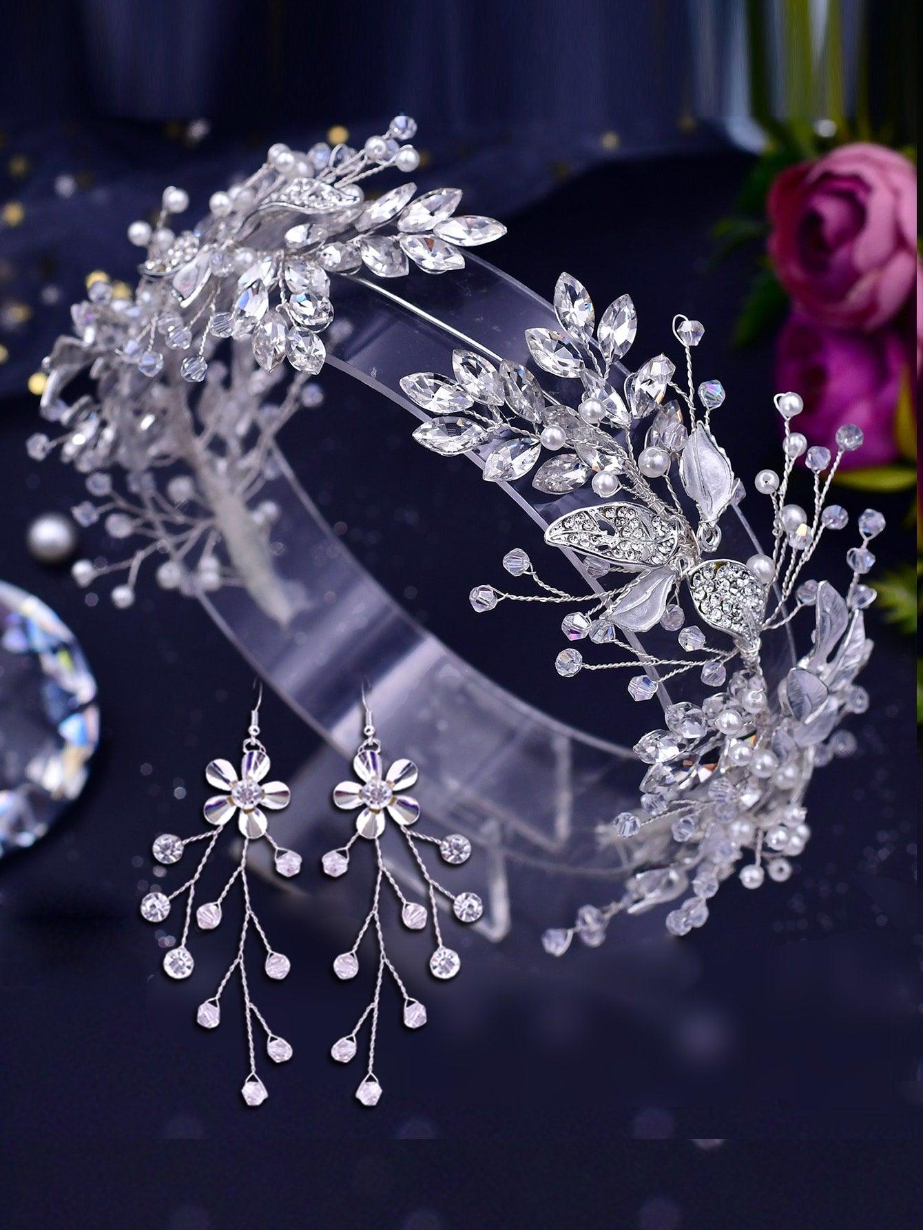 3pcs Rhinestone Flower Decor Bridal Headwear & Jewelry Set - If you say i do