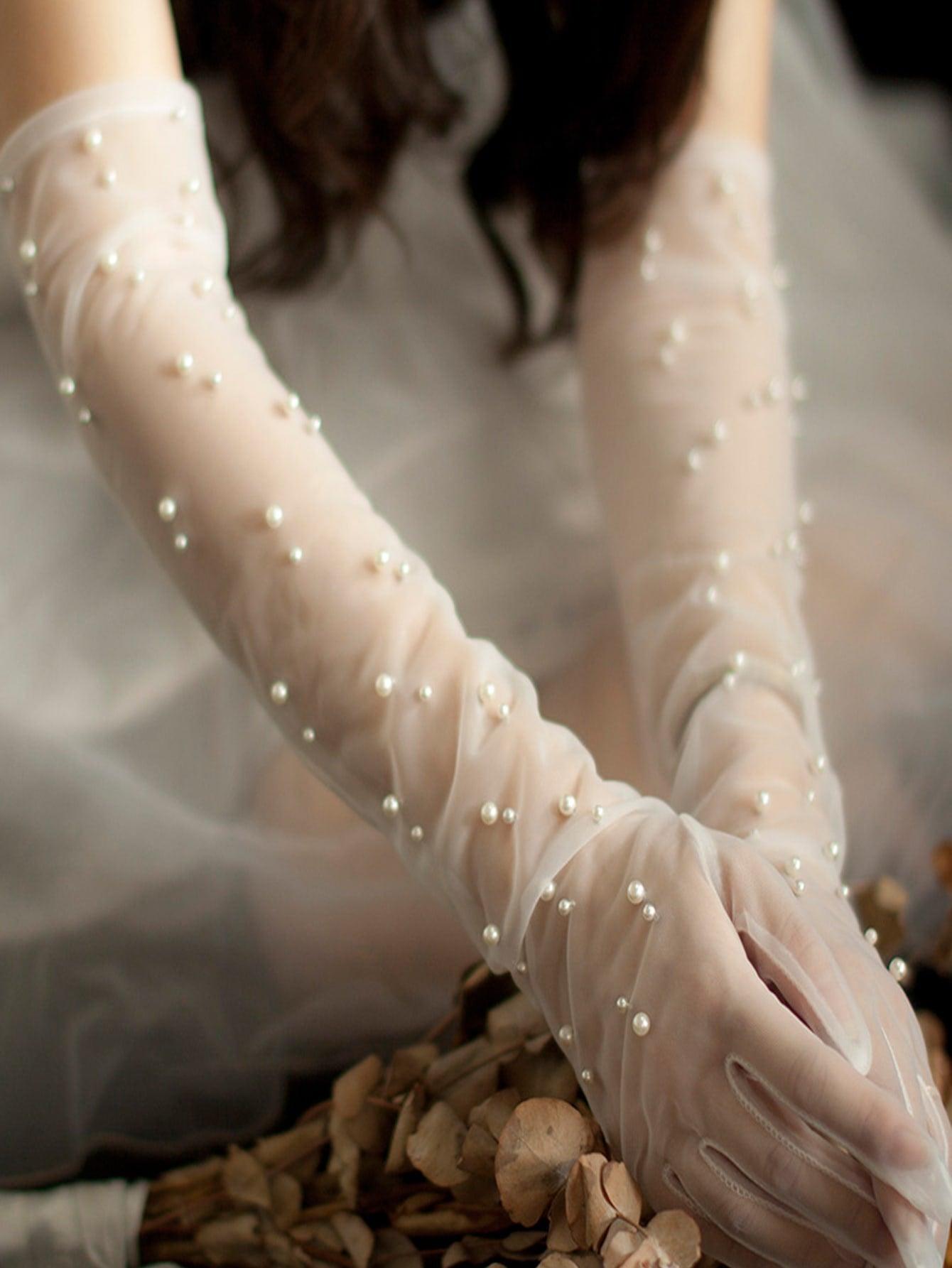 Faux Pearl Decor Bridal Gloves - If you say i do