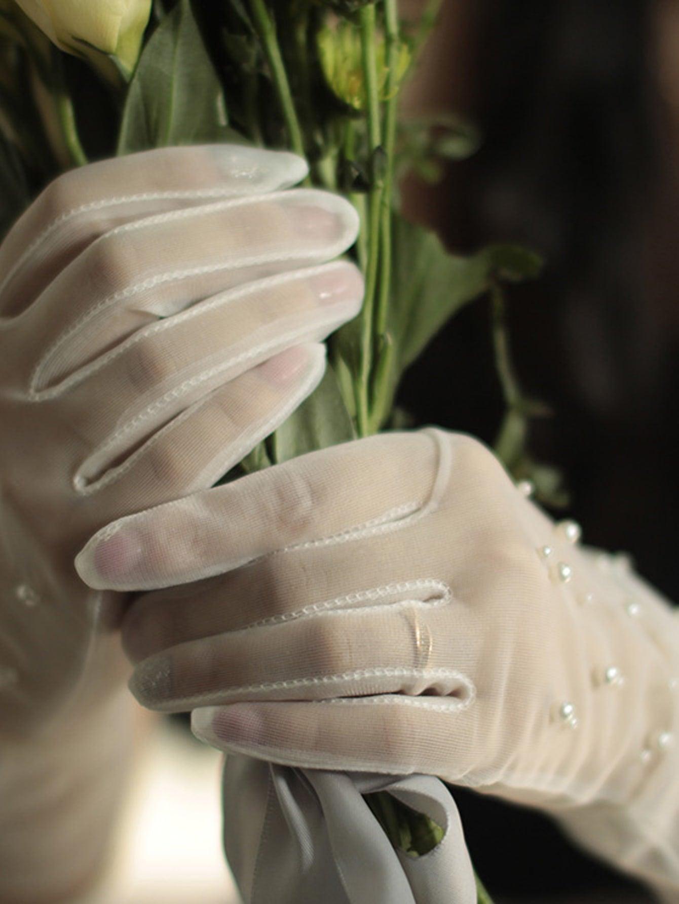 Faux Pearl Decor Bridal Gloves - If you say i do