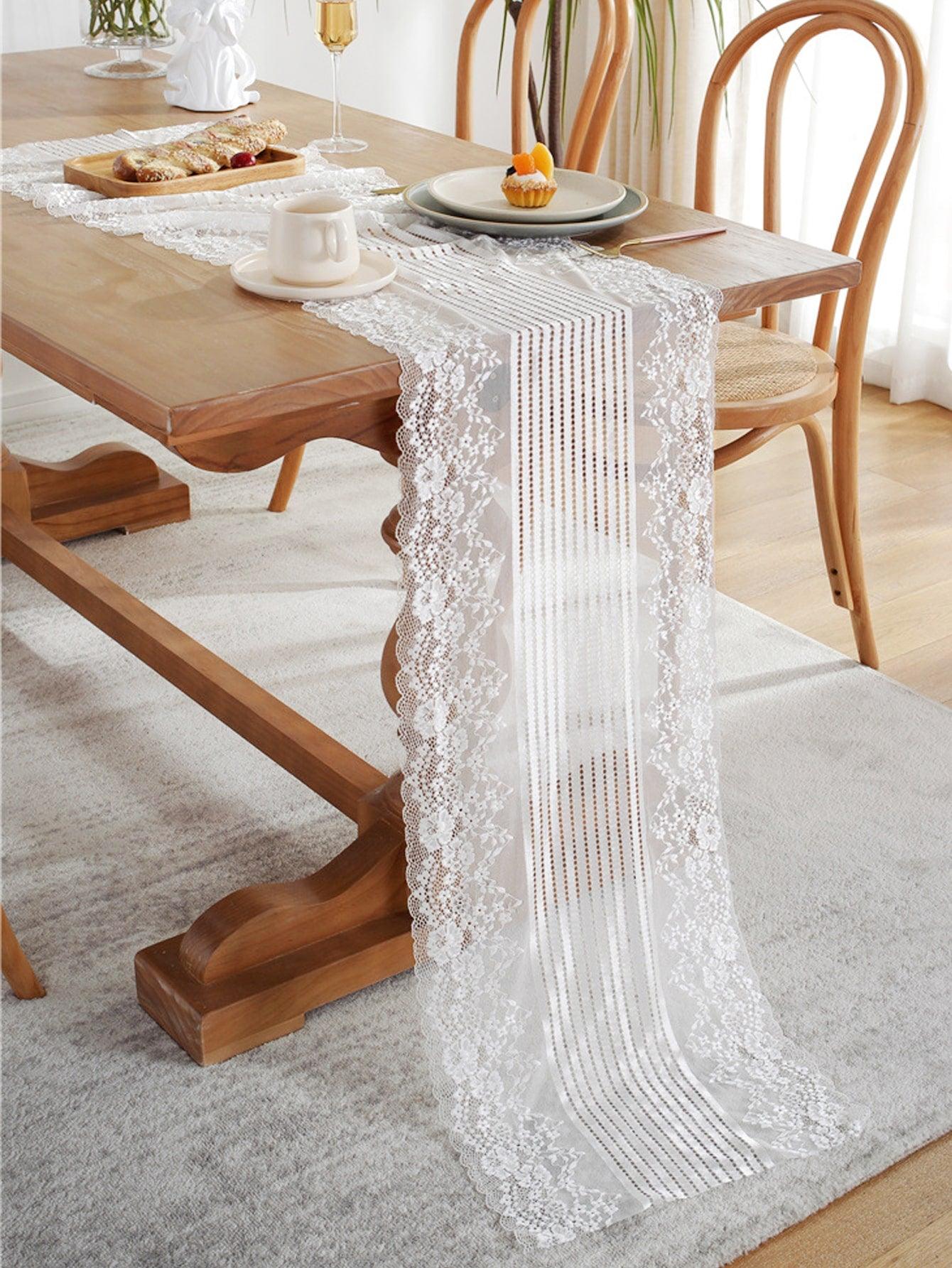 lace dresser runners Premium Lace Fabric Table Runner 15"x117" White with Scalloped Frill Edges