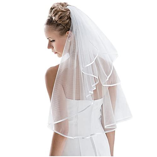 Bridal Veil Women's Simple Tulle Short Wedding Veil Ribbon Edge with Comb, Hair Brush for Wedding Bachelorette Party,Temu