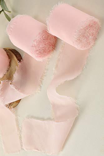 Socomi Blushing Pink Handmade Fringe Chiffon Silk Ribbon 1-3/4 x 7Yd 4 Rolls Frayed Ribbons for Wedding Invitations Bridal Bouquets Gift Wrapping