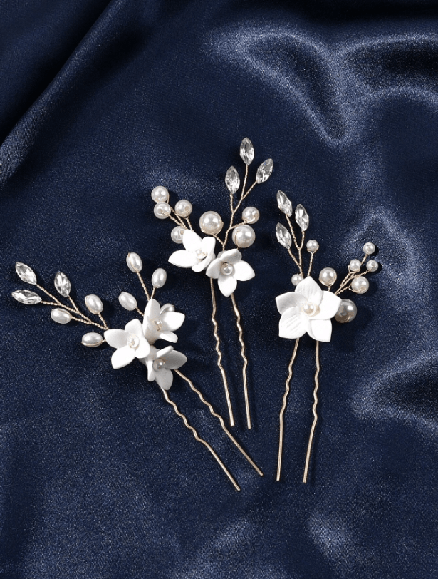 3pcs Flower & Faux Pearl Decor Wedding Hair Pin - If you say i do