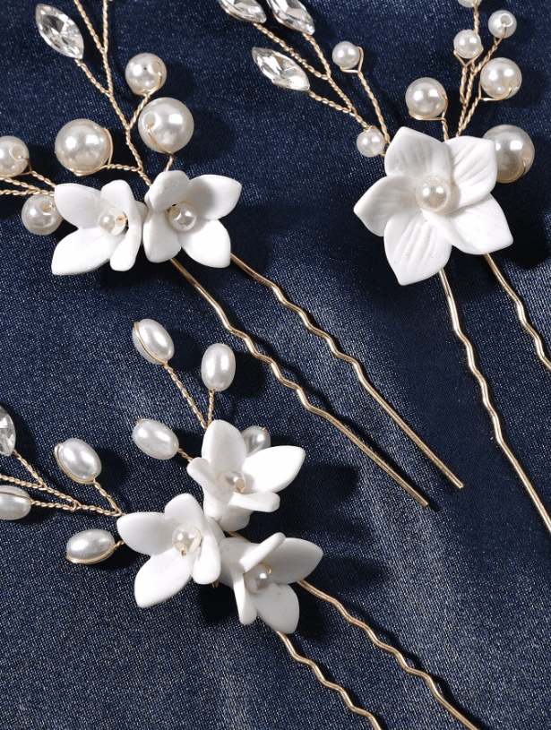 3pcs Flower & Faux Pearl Decor Wedding Hair Pin - If you say i do