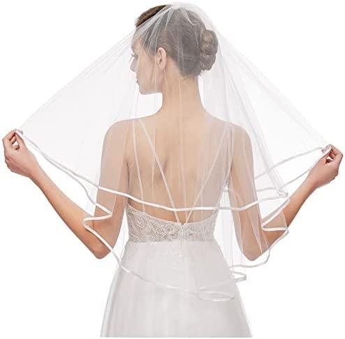 Bridal Veil Women's Simple Tulle Short Wedding Veil Ribbon Edge with Comb for Wedding Bachelorette Party - If you say i do