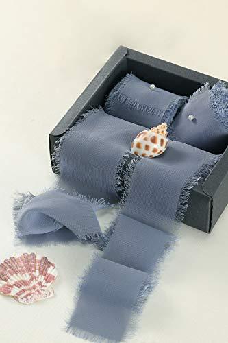 Dusty Blue Chiffon Ribbon Fringe Sample Color Swatches 1-3/4" x 5Yd, 4 Rolls Handmade Ribbons for Wedding Invitations Bouquets Backdrop Decorations - If you say i do