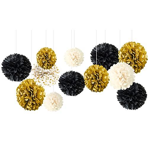 Happy New Year Party Decorations Black White Gold Tissue Paper Pom Pom  Paper Lanterns for Great Gatsby Decorations/New Year's Eve Party/Birthday