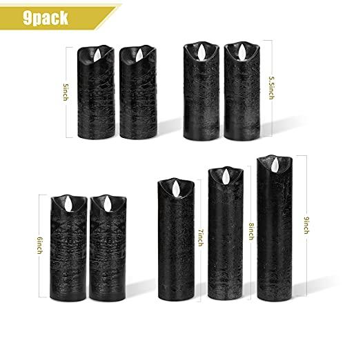 Set of 9 Black Regular Textured Flameless Candles Battery Operated LED Flickering Electric Candles with Remote Control Timer - If you say i do