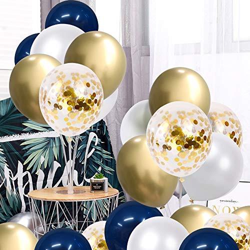 Navy Blue and Gold Confetti Balloons, 50 pcs 12 inch Pearl White and Gold Metallic Chrome Birthday Balloons for Celebration Graduation Party Balloons - If you say i do