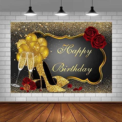 Happy Birthday Backdrop Glitter Gold Red Rose Floral Golden Balloons - If you say i do