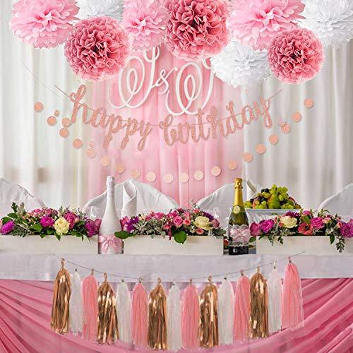 Pink Rose Gold Birthday Party Decorations Set, Rose Gold Glittery Happy Birthday banner, Tissue Paper Pom, Circle Dots Garland - If you say i do