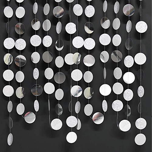Decor365 Glitter Silver Circle Dots Garland Hanging Polk Dot Streamer Party Decoration String Banner Backdrop for Birthday/Wedding/Baby Shower/Enga