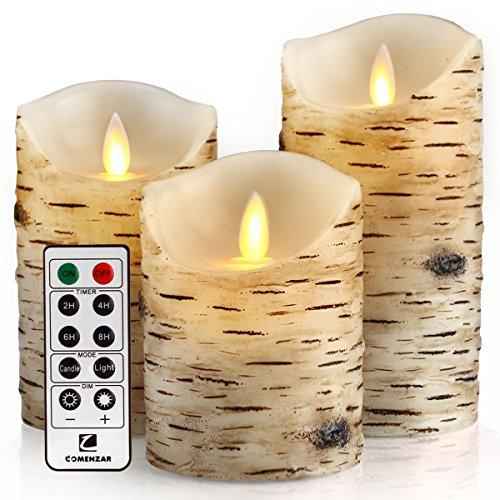 Flickering Candles, Candles Birch Set of 3 (H: 4" 5" 6" x D: 3.25")Birch Bark Battery Candles Pillar with Remote Timer - If you say i do