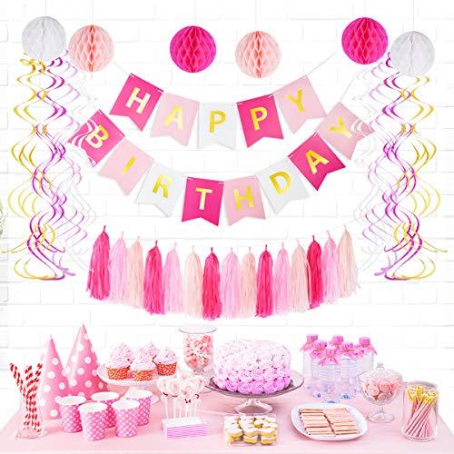 Pink Birthday Party Decoration Set - Birthday Party Supplies for Girls, Include Happy Birthday Banner, Tassel Garland, Honeycomb Balls - If you say i do
