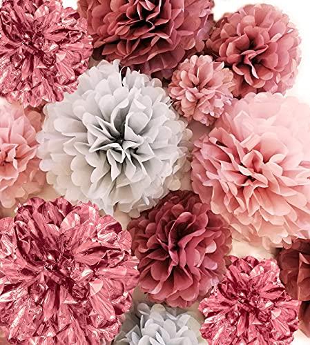 VINANT 20 Pcs - Dusty Rose Party Decoration - Tissue Paper Pom Poms - Birthday Party - Baby Shower - Bridal Shower - Wedding