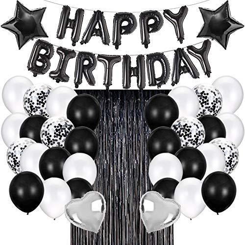 Black White Birthday Party Decorations for Him Her Silver Tablecloth Fringe  Curtain Happy Birthday Party Table Supplies Balloon Garland Arch Kit Happy