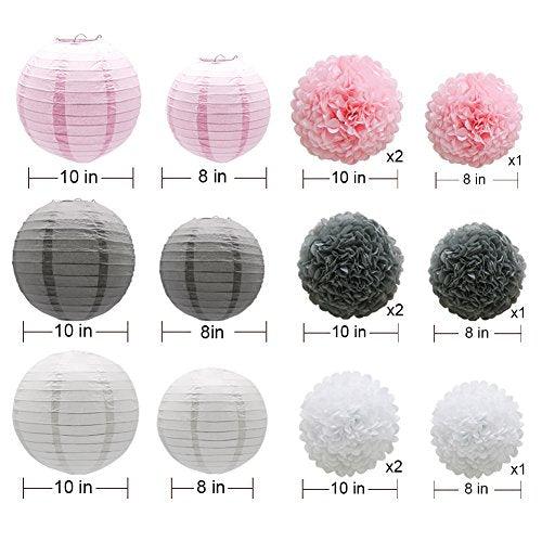 Hanging Party Decorations Set, 15pcs Pink Gray White Paper Flowers Pom Poms Balls and Paper Lanterns - If you say i do