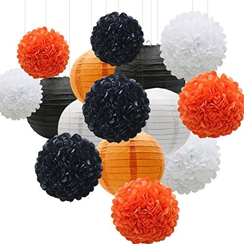 Hanging Party Decorations Set, 15pcs Orange Black White Paper Flowers Pom Poms Balls and Paper Lanterns - If you say i do