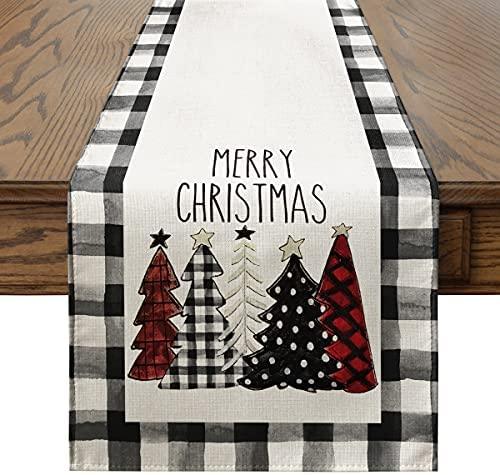 Waterclor Buffalo Plaid Christmas Trees Merry Xmas Table Runner, Seasonal Winter Holiday - If you say i do