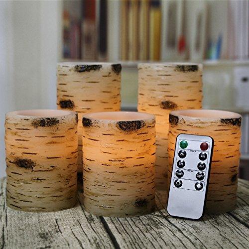 Set of 5 Pillar Birch Bark Effect Flameless LED Candles with 10-Key Remote Control - If you say i do