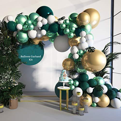 125Pcs Jungle Sarfari Balloon Garland Arch Kit Emerald Green Gold Matellic White Balloons with Large Leaves - If you say i do
