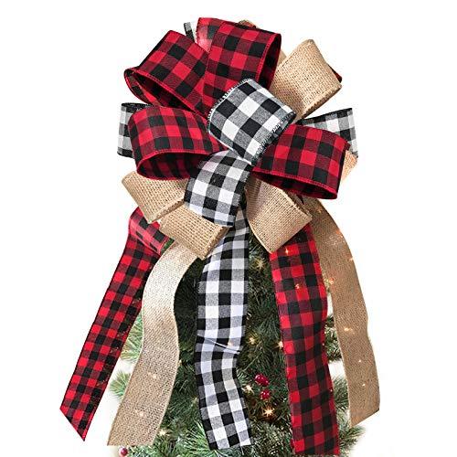 Handmade Christmas Tree Topper - Buffalo Plaid Red Black Burlap Decorative Bow - Rustic Farmhouse Xmas Decorations - If you say i do