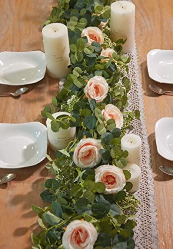 5 pcs 6.5ft Seeded Eucalyptus Garland with Pink Flowers for Party Wedding Table Decor - If you say i do