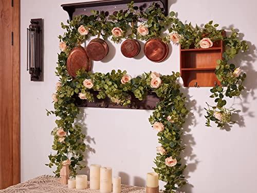 5 pcs 6.5ft Seeded Eucalyptus Garland with Pink Flowers for Party Wedding Table Decor - If you say i do