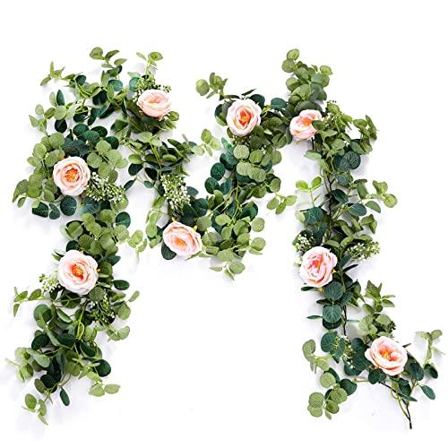 5 pcs 6.5ft Seeded Eucalyptus Garland with Pink Flowers for Party Wedding Table Decor - If you say i do