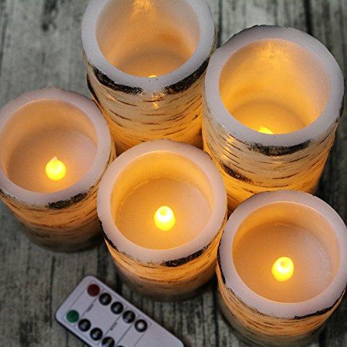 Set of 5 Pillar Birch Bark Effect Flameless LED Candles with 10-Key Remote Control - If you say i do