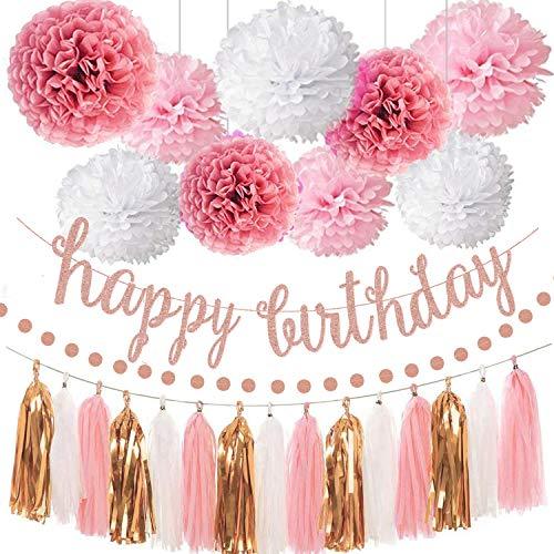 Pink Rose Gold Birthday Party Decorations Set, Rose Gold Glittery Happy Birthday banner, Tissue Paper Pom, Circle Dots Garland - If you say i do