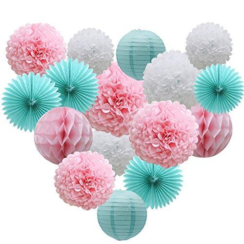 ADLKGG Teal Party Supplies for Bridal Baby Shower First Birthday Party Wedding Decorations (16pcs) Paper Honeycomb Ball Pom Poms Flo