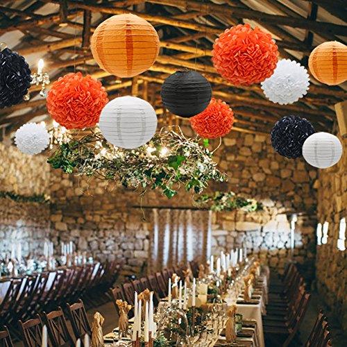 Hanging Party Decorations Set, 15pcs Orange Black White Paper Flowers Pom Poms Balls and Paper Lanterns - If you say i do