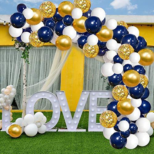 120 pcs Navy and Gold Confetti White Balloons Arch with 16ft Tape Strip & Dot Glue for Party Wedding Birthday DIY Decoration - If you say i do