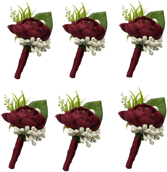 6 Pieces Burgundy Groom Boutonniere Man Buttonholes DIY Wedding Artificial False Flowers Party Decoration - If you say i do
