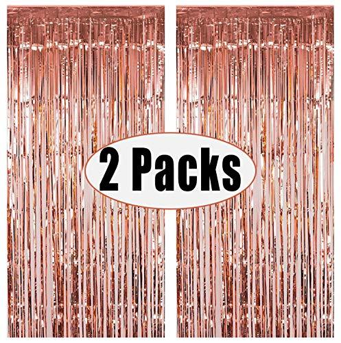 2pcs 3ft x 8.3ft Rose Gold Metallic Tinsel Foil Fringe Curtains Photo Booth Props for Birthday Wedding - If you say i do