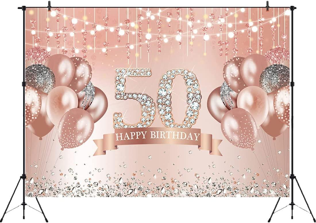 Happy 50th Birthday Backdrop Glitter Rose Gold Balloons Shining Diamonds Photography Background - If you say i do