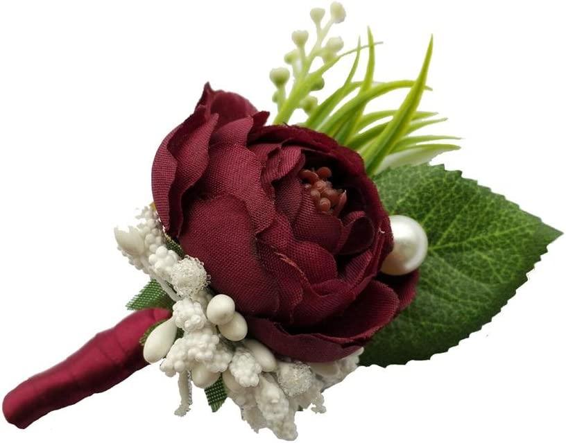 6 Pieces Burgundy Groom Boutonniere Man Buttonholes DIY Wedding Artificial False Flowers Party Decoration - If you say i do