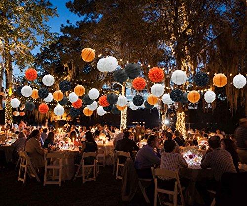 Hanging Party Decorations Set, 15pcs Orange Black White Paper Flowers Pom Poms Balls and Paper Lanterns - If you say i do