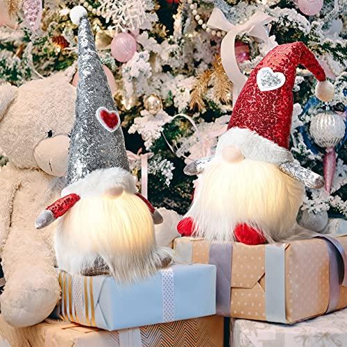 Couple Christmas Gnomes Light - 2Packs Handmade Santa Swedish Gnomes Plush with Sequins Long Hat Decorations Gift - If you say i do