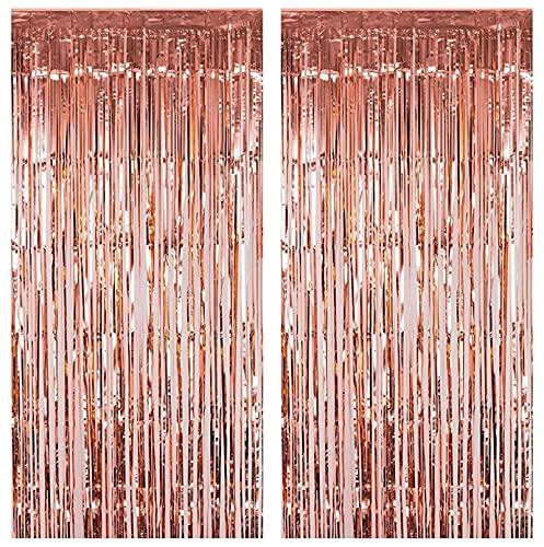2pcs 3ft x 8.3ft Rose Gold Metallic Tinsel Foil Fringe Curtains Photo Booth Props for Birthday Wedding - If you say i do